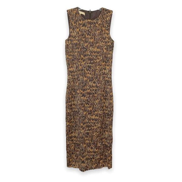 Brown Michael Kors Collection Feather Print Midi Dress Women’s Size 2 Made Italy - Picture 2 of 12